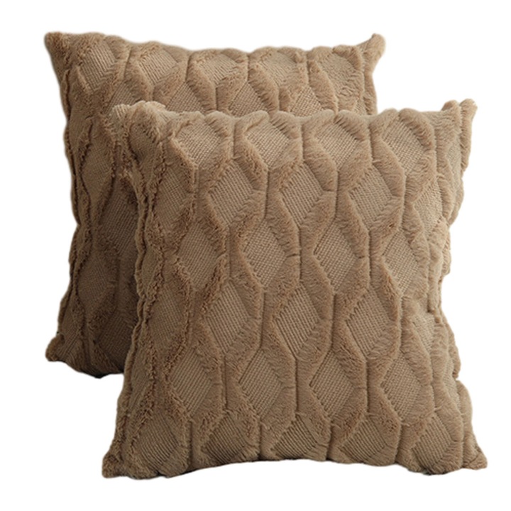 Set de 2 fete de perna decorative moi din plus, model imbratisat, 20x20", patrate, culoare cafea deschisa