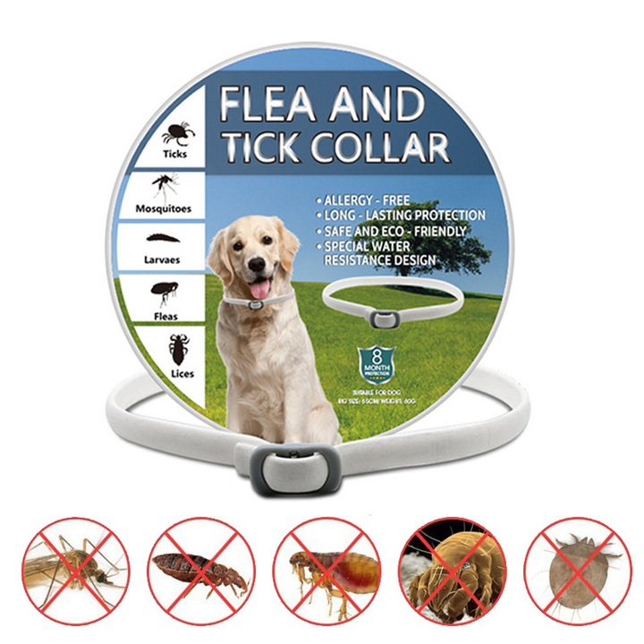 Zgarda Antiparazitara Bio Fudisenn®, Uleiuri Esentiale Naturale, Protectie 8 Luni, Impermeabila, Ajustabila, Cutie Metalica, Alb, 65cm pentru Caini