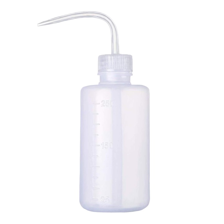 Flacon dozator / sticla de spalare din polietilena, varf curbat pentru udare precisa, cu scara gradata si capac etans, transparent, 250ml, 1 buc.