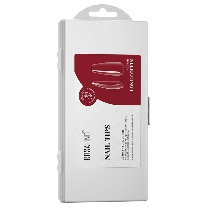 Tipsuri unghii false transparente, 264 piese ballerina long, 12 marimi, gel-acrilic