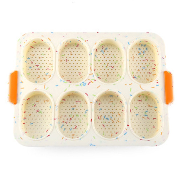 Sütőforma mini bagettekhez, kenyérsütő forma, tapadásmentes élelmiszeripari szilikonból, perforált a ropogós héjért, többszínű, 8 üreg, 34.5x23.8x2.5 cm