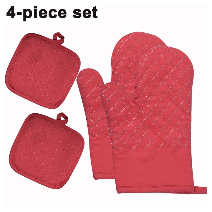 Sütőkesztyű készlet tartóval, 2 kesztyű és 2 tartó, 300°C hőálló, csúszásmentes kivitel, fekete és piros, 17x30cm, 17,5x17,5cm