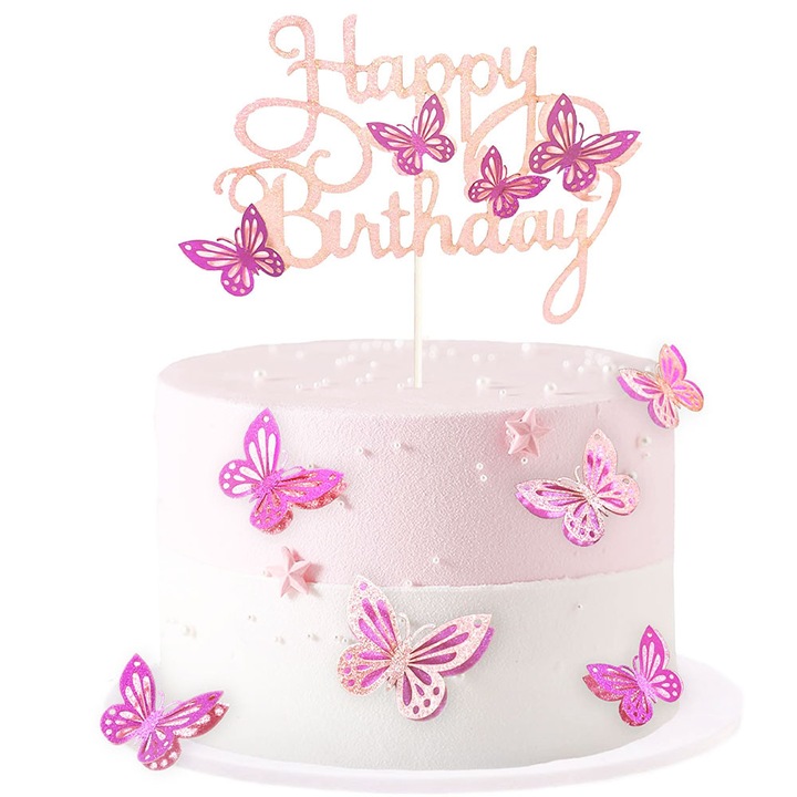Set decoratiuni tort, QttvbTna, 13 piese, fluturi 3D, multicolor, 14x19cm/4.6x6cm