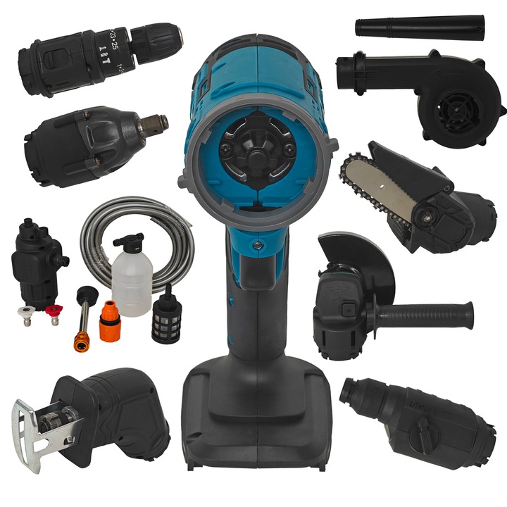 Trusa 8 in 1 cu 2 acumulatori, pistol spalat, suflanta, rotopercutor, autofiletanta, mini-drujba, sabie, flex, impact