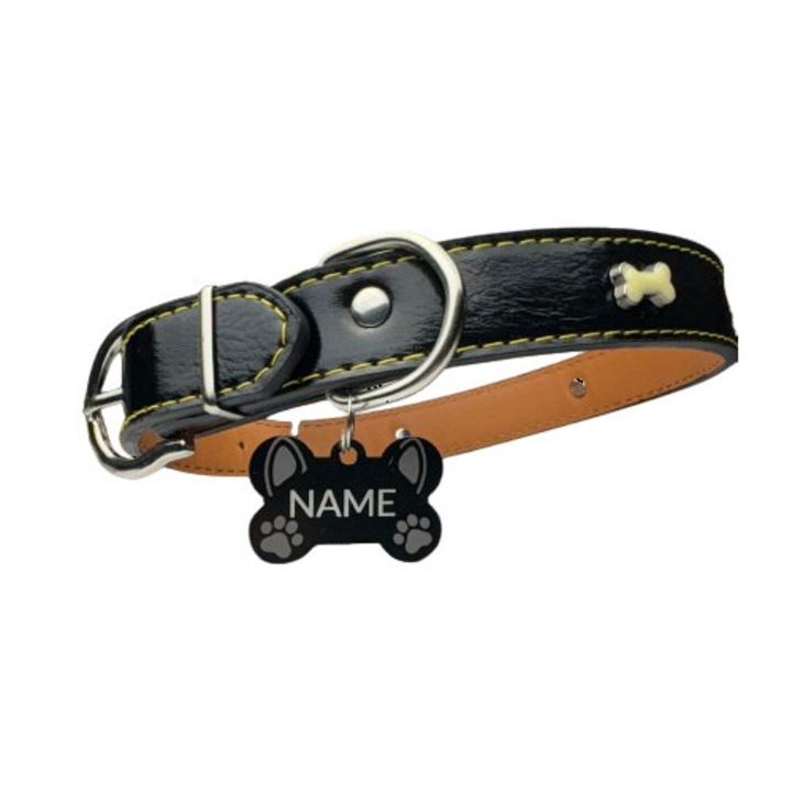 Zgarda negru pentru animale cu medalie personalizata – gravura pe comanda + medalie CADOU Marime M