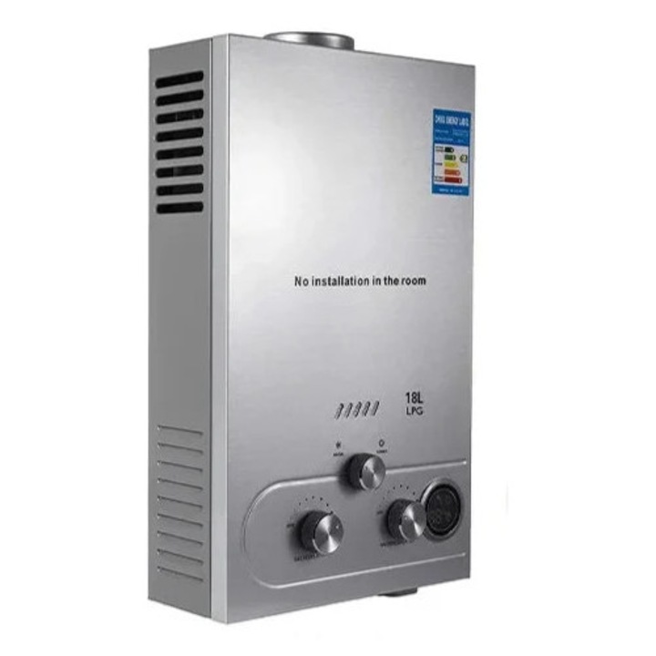 Átfolyásmentes gázbojler, 36KW 18L/perc LED kijelzős biztonsági vezérlés, ezüst