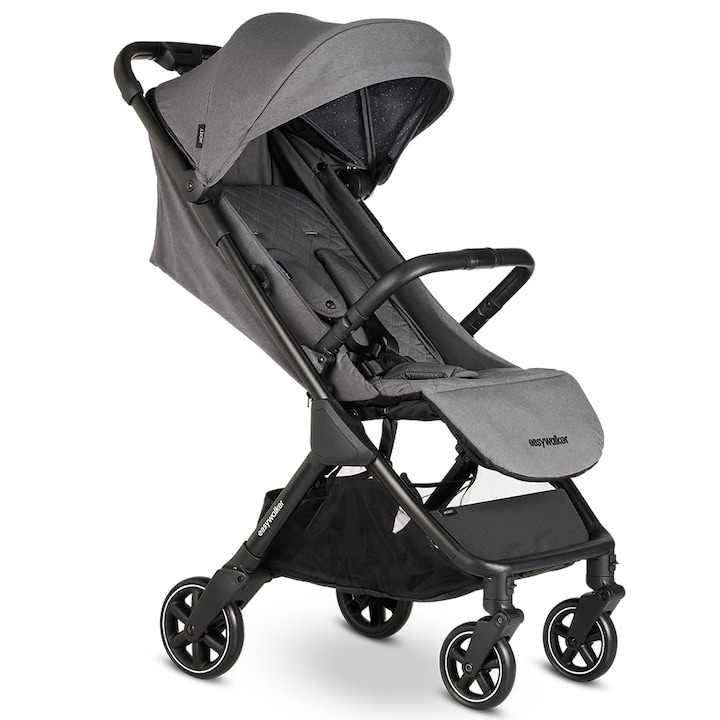 Количка за домашни любимци - Easywalker - Jackey Buggy 0-22 кг, лека количка за кучета и котки, автоматично сгъване, уникална система от аксесоари, с чанта за носене и дъждобран, съвместима със столче за кола - мраморно сиво