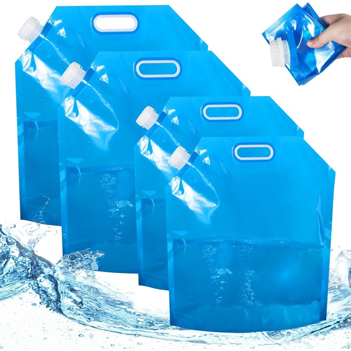 Sac de apa pliabil 5L, set 4 bucati, pentru camping, picnic, calatorie, albastru