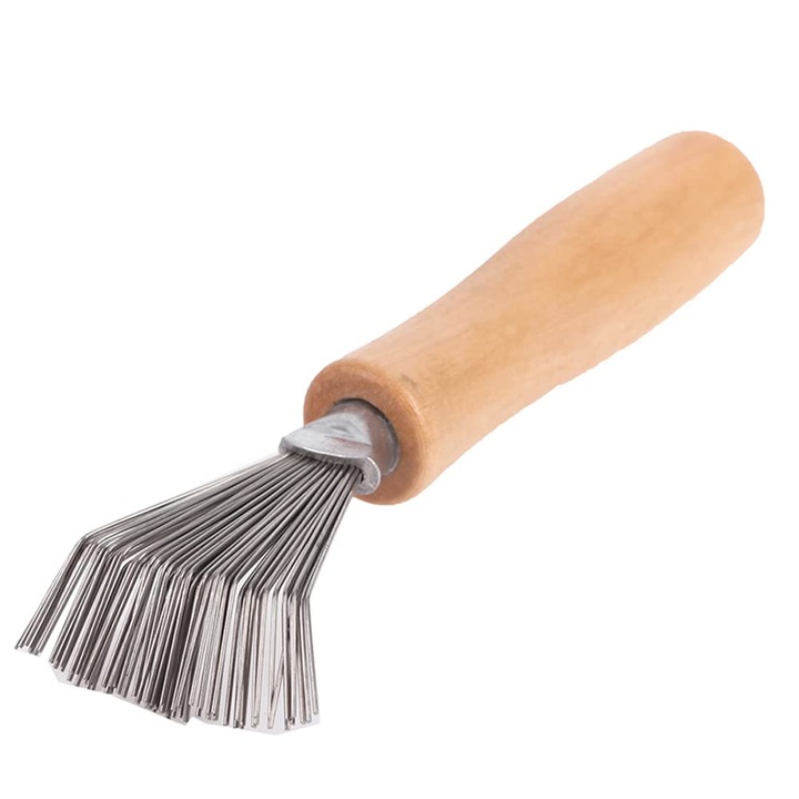 Unealta pentru curatarea periutelor, mini pieptene cu maner din lemn, metal rezistent, 10-15 cm, argintiu