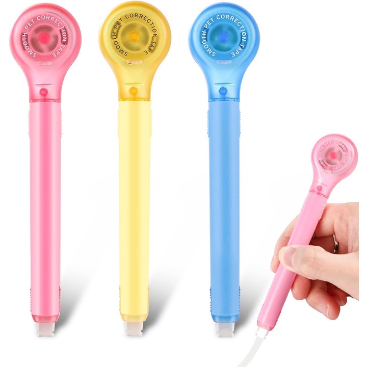 Set 3 corectoare retractabile, 6m x 5mm, roz, albastru, galben, 13.5x3cm