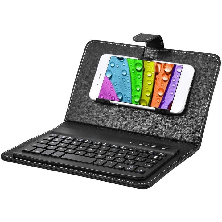 HERUSI Bluetooth vezeték nélküli billentyűzet védőtokkal, összecsukható, fekete, 6x9.5cm