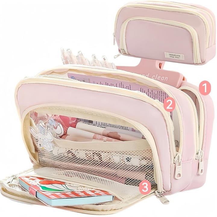 Penar multifunctional, Ronyes, 3 compartimente, roz, 21x7x13cm