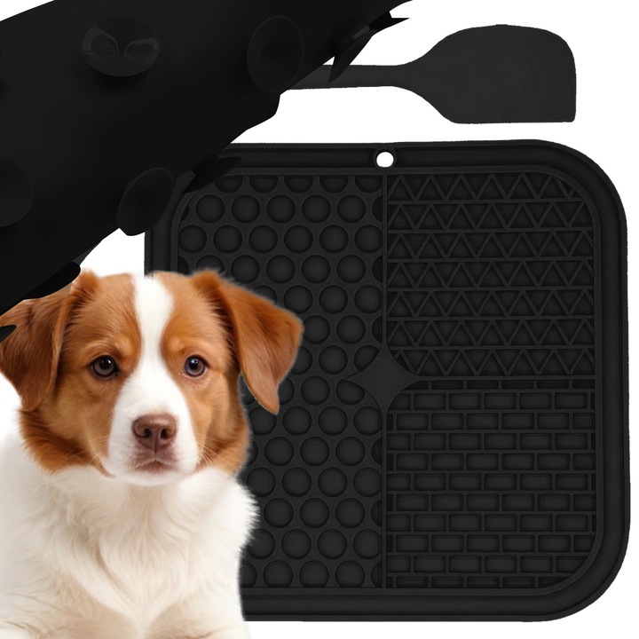 Covoras hranire lick mat pentru caini si pisici, 3 zone de hranire, ideal pentru alimentarea controlata reducerea plictiselii animalului de companie, cu Spatula, silicon alimentar, 20 X 20cm Negru, Renew Force LICK-PAD20