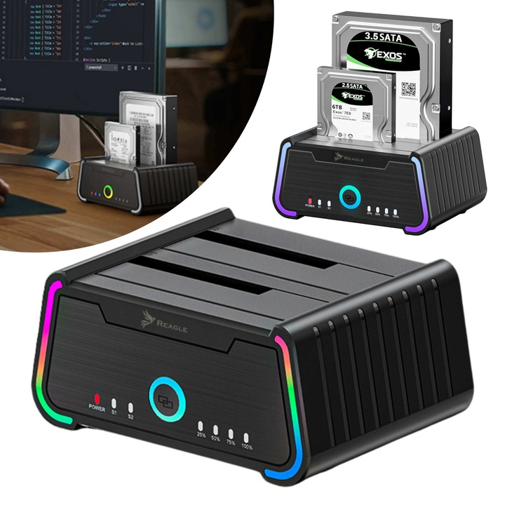 Reagle RDOC53 HDD SSD клонираща докинг станция, USB 3.2 Gen 1, 2x SATA 2.5"/3.5" отделения, до 2x22TB, функция за офлайн клониране, RGB осветление, Plug&Play, Windows/Mac/Linux, без драйвери, 5Gb/s скорост - Reagle