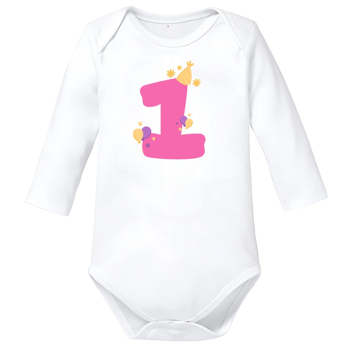 Body Copii Aniversare 1 an cu design vesel, alb, imprimeu multicolor, cadou pentru cei mici, marimea 86