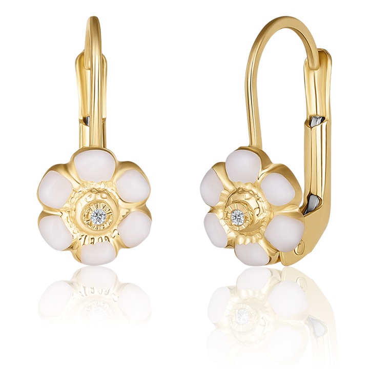 Cercei cu Tortite pentru Copii din Aur Galben de 18K cu Diamante de 0.05ct, Floare, Sandra Ferretti