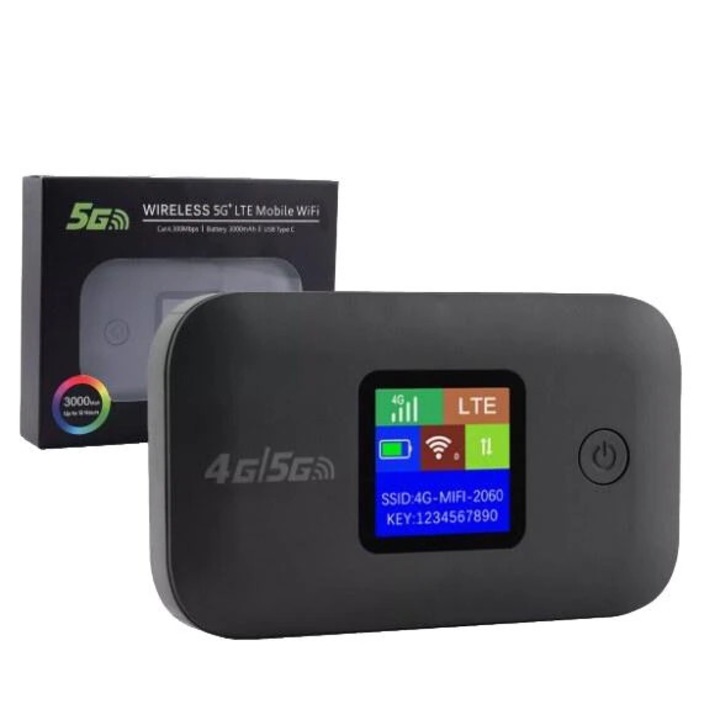 Hordozható 4G LTE WiFi Router, 150Mbps, 10 felhasználó támogatása, 3000mAh akkumulátor, komplett szett