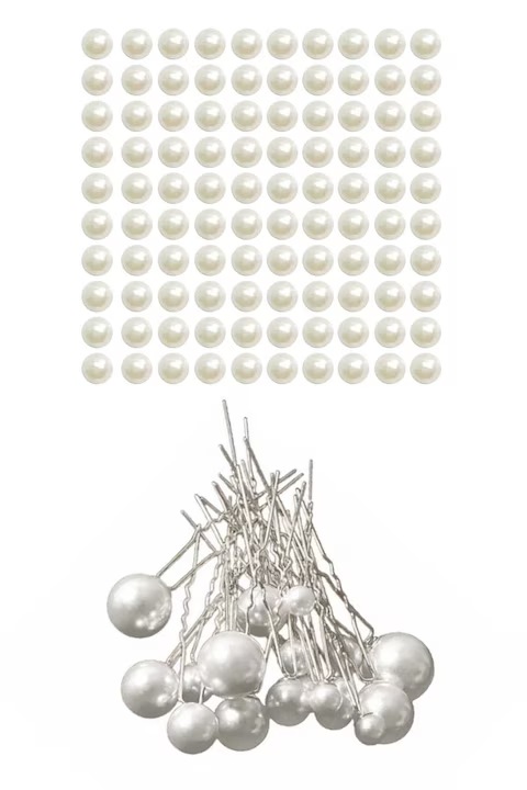 18 Darabos Menyasszonyi Hajcsat Készlet, Virágok, Fehér Gyöngyök, Ezüst, 7.5 cm