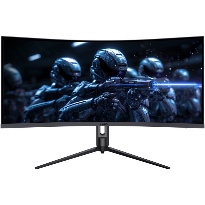 Монитор Tesla, LED, геймърски, извит, 34GH948BW, 34", IPS, WQHD (3440x1440), 165 Hz, 1ms MPRT/5ms GTG, антирефлексно покритие, RGB осветление, 2x HDMI 2.0, 1x DP 1.2, DC конектор, HDR, клас F, черен