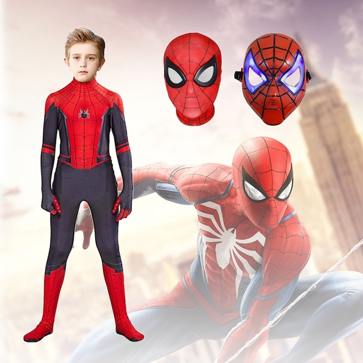 Set costum Spiderman cu masca cu lumini, BIGLISTENING®, 3-5 ani, poliester, rosu-albastru, 95-110 cm