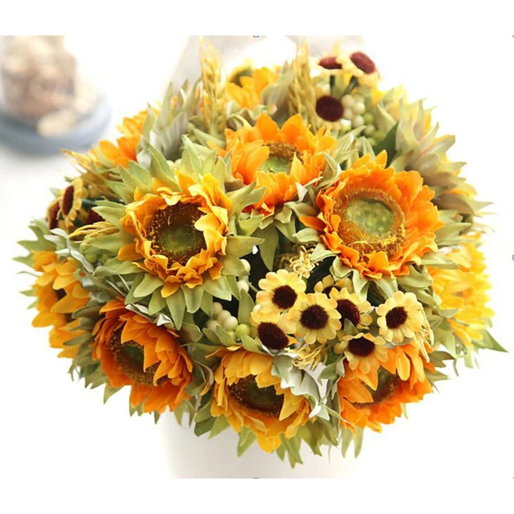 Buchet 5 capete floarea-soarelui artificiala galbena 27x10-19cm