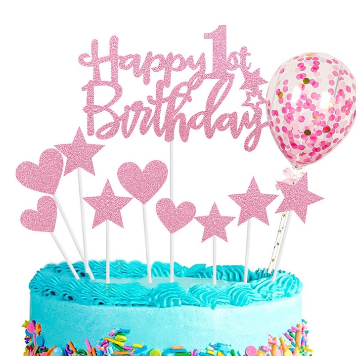 Set 11 decoratiuni pentru tort, Hartie, Roz