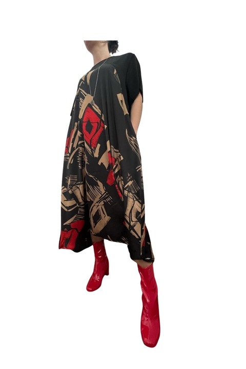 Rochie de dama, din material tip satin, negru cu rosu, one size