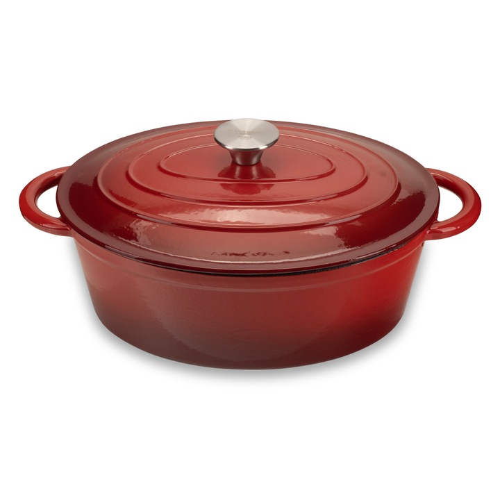 Oala din fonta emailata, HAUSBERG, HB-H750, Capacitate 4.5 L, 250° C, Diametru 30 x 23 cm, Adancime 12 cm, Interior antiaderent, Capac din fonta, Rosu