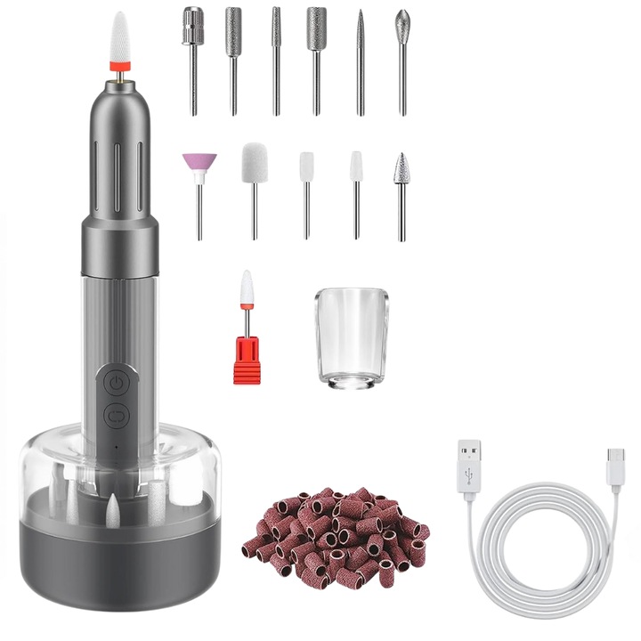 Professzionális körömreszelő, Doerr®, Hordozható elektromos reszelő manikűr-pedikűrhöz, Újratölthető, USB C típusú, 20 000 fordulat/perc, Teljes csomag, 12 reszelőfej, 36 csík, Szürke
