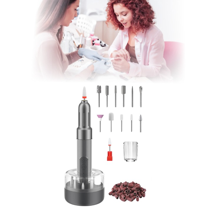 Freza profesionala pentru unghii, Doerr®, Pila electrica portabila pentru manichiura-pedichiura, reincarcabila, USB Tip-C, 18.000 RPM, Pachet complet, 12 capete pentru pila, 36 benzi, Gri