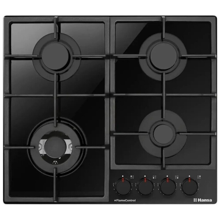 Plita pe gaz Hansa, gaz pe sticla, 60 cm, comenzi frontale, gratare de fonta, arzator WOK, flame control, 9 trepte de putere, negru