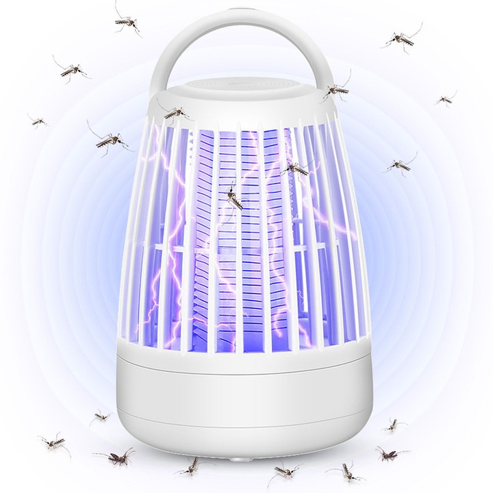 UV лампа против насекоми, устройство против комари, преносима, с батерия, електрически капан за насекоми, срещу насекоми, 360° за вътрешна или външна употреба, 1200mah, 2 режима на осветление, бяла, 10x10x16см