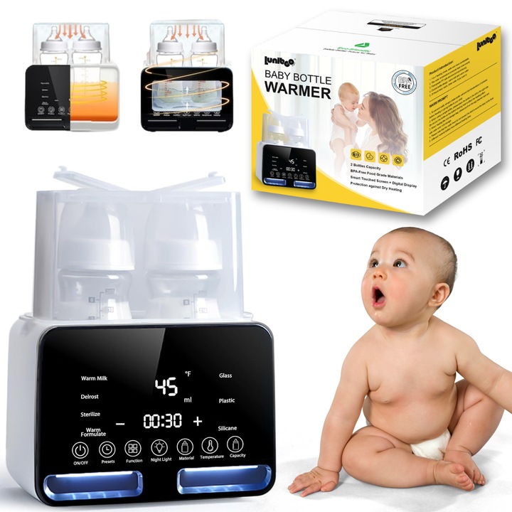 Incalzitor biberoane electric 4-in-1, LUNIBOO, cu sterilizare, afisaj LED, temperatura constanta 48h, compatibil sticla/plastic/silicon, capacitate 2 sticle, oprire automata, alb