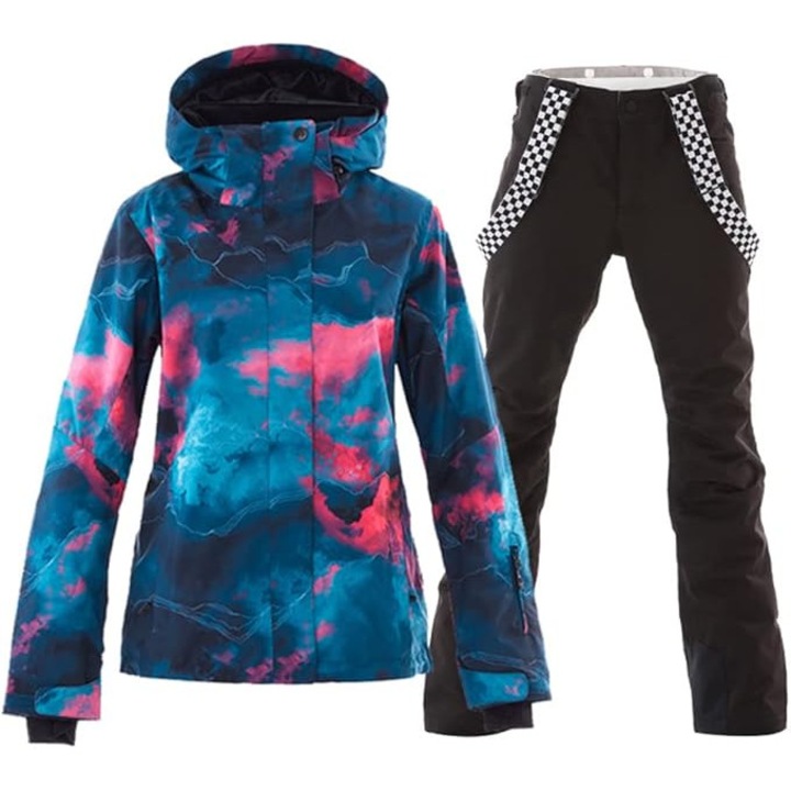 Costum de schi pentru femei HOTIAN, impermeabil, rezistent la vant, multicolor, Negru/Multicolor