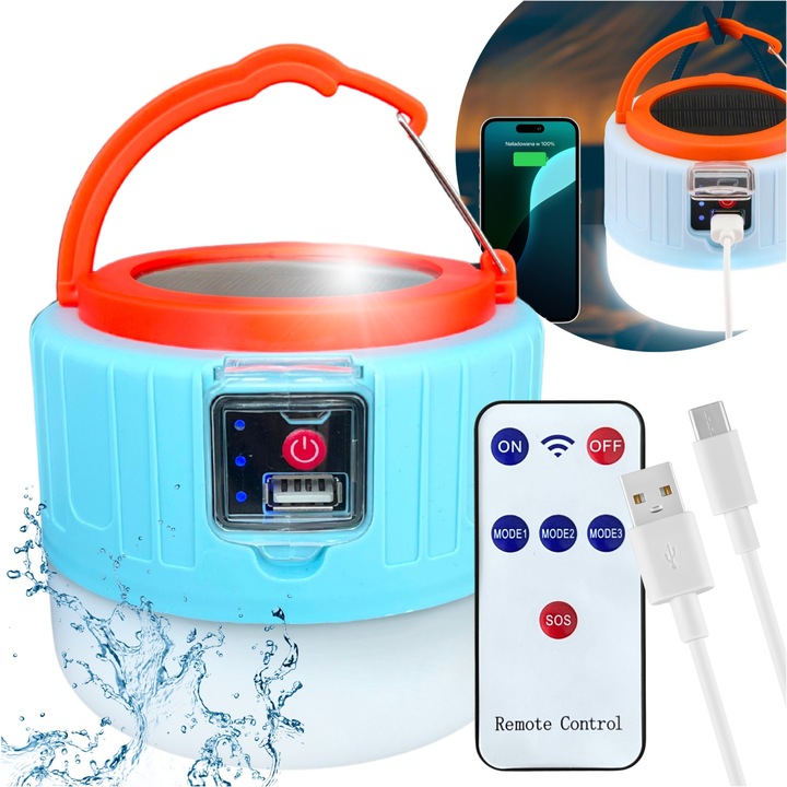 Lampa Solara 2in1 pentru Camping cu LED si Powerbank 2400mAh, 5 Moduri Iluminare, Incarcare Solara si prin USB, IPX4, Lanterna Portabila cu Telecomanda, Indicator Baterie, Agatatoare Integrata – Blixtar