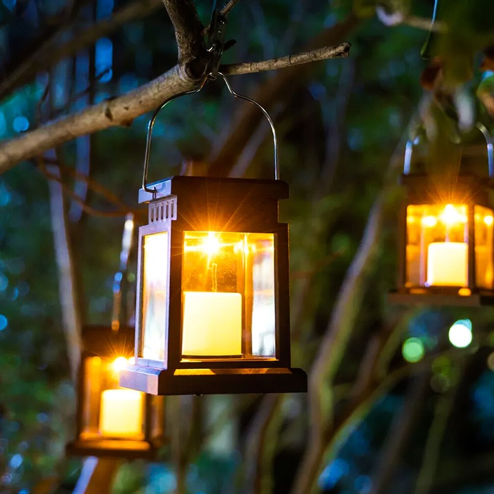 Set 2 Lampa solara LED Agatare de exterior pentru gradina décor lumanare effect, Felinare solare impermeabile - Pentru Gradina, Patio, Veranda, Alei - Rezistent la Apa, Incarcare Solara, Automat Zi/Noapte