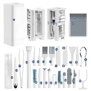 Kit de curatare electronica multifunctional, 32 in 1, portabil, potrivit pentru laptopuri, casti, tastaturi, telefoane mobile, camere foto, 5,5 * 5,5 * 13,7 cm, alb, adsorbtie magnetica in partea de jos, cu agent de curatare