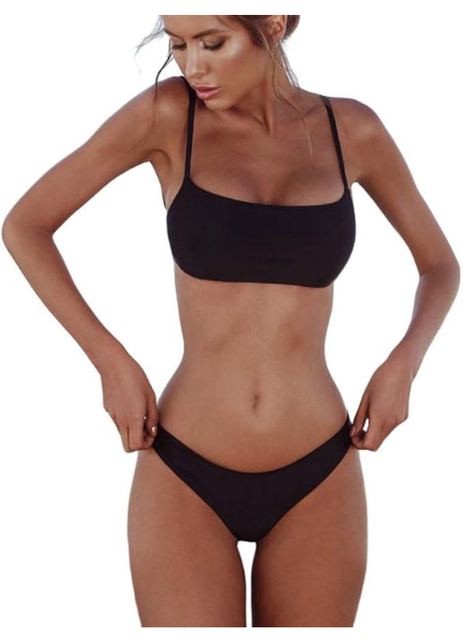 Costum de baie dama 2 piese, cu bretele reglabile, model slim fit, material elastic si uscare rapida, design sexy ce evidentiaza silueta, Negru, Negru
