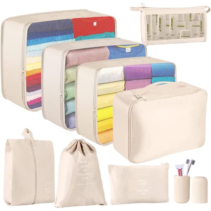 Set 9 Cuburi de Organizare pentru Bagaj, Buyya®, Gentioane de Calatorie Compresibile, Cupa de Toaleta si Compartimente Speciale, Material Poliester Rezistent la Rupere si Impermeabil, Cu Sac pentru Incaltaminte si Cosmetice, Bej