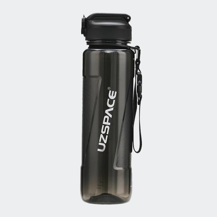 Sticla de apa Uzspace, plastic, 1000mL, negru, rezistenta la scurgeri, 28.3x8cm