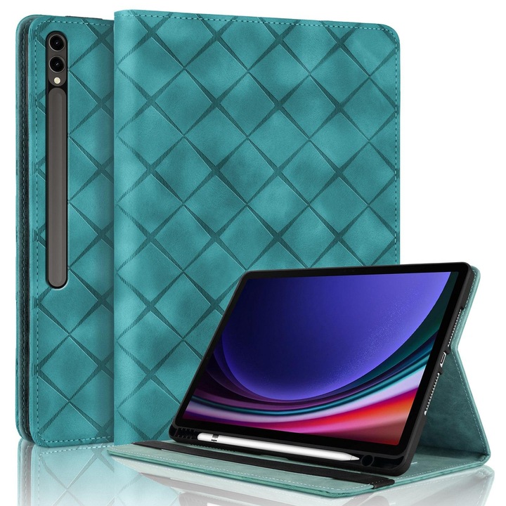 Samsung Galaxy Tab S10+ készülékkel kompatibilis táblagép tok, gyémántokkal gravírozott bőr, zöld