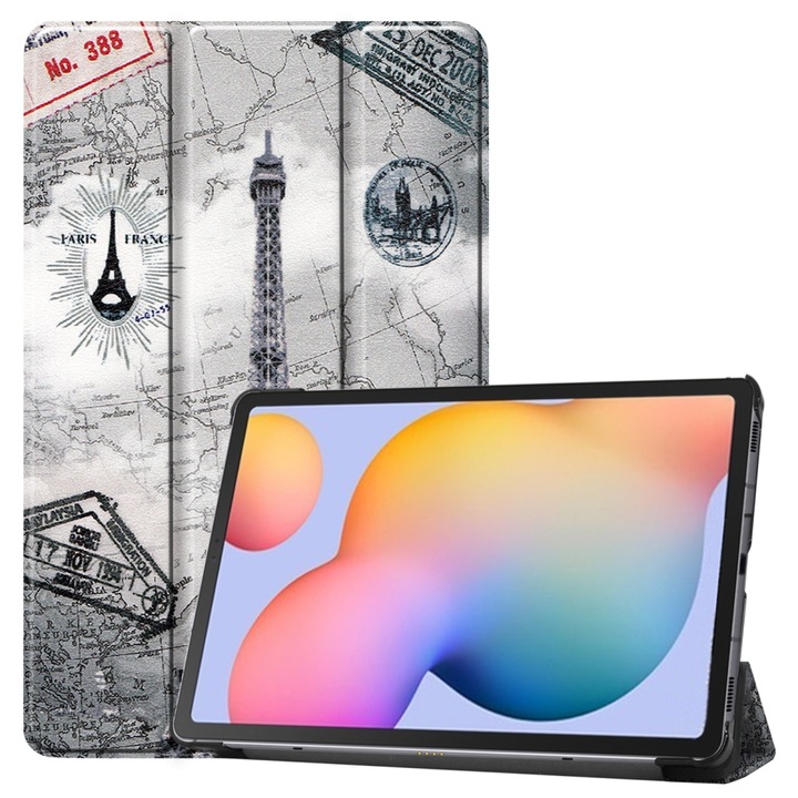 Husa tableta compatibila cu Samsung Galaxy Tab S6 Lite P610 10.4 inch, piele cu desen colorat, cu suport triplu pliere & functie sleep/wake-up, Turnul Eiffel