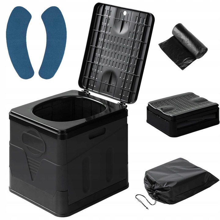 Set Toaleta Portabila Pliabila Camping WC 20L cu 12 saci de gunoi biodegradabili, amortiza si sac de transport, cu capac, multifunctionala, PP, 31, 5x26, 3x29, 5cm, Negru - Pentru Masina, Drumetii, Ambuteiaje