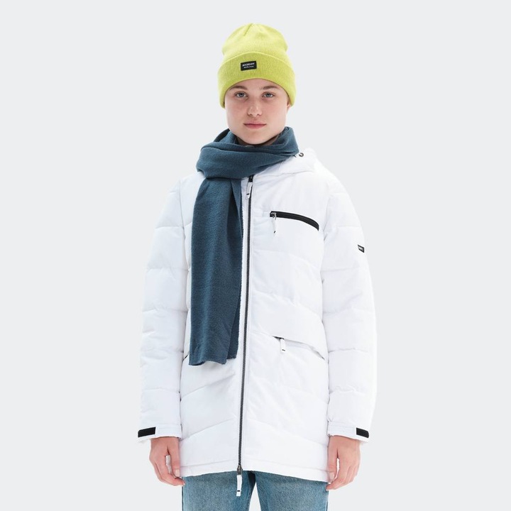 Jacheta lunga cu gluga BASEHIT, impermeabila, respirabila, alba, material ecologic, umplutura din puf artificial