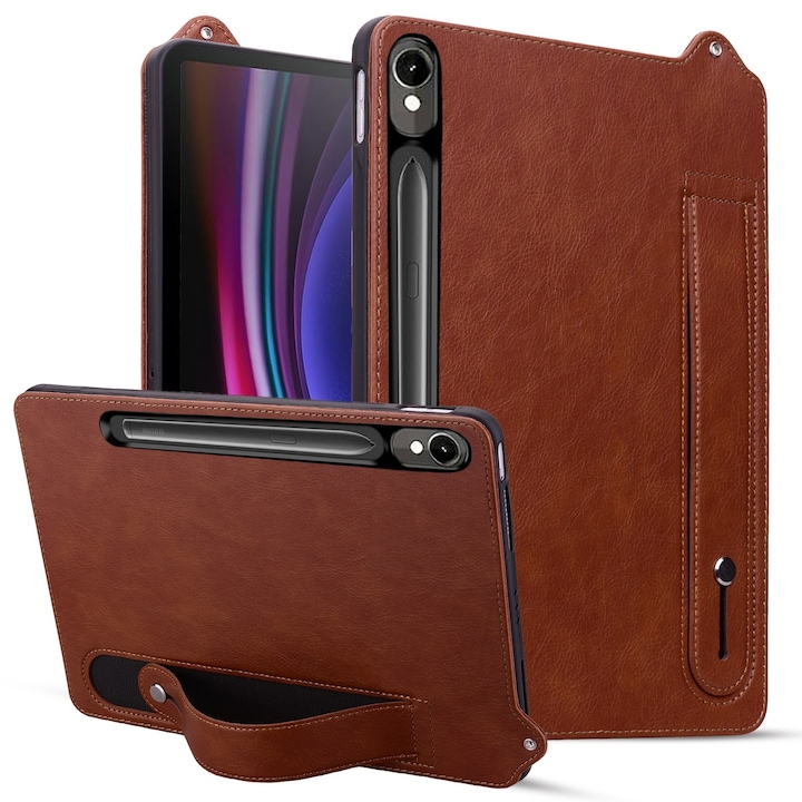 Husa tableta compatibila cu Samsung Galaxy Tab S10 / S9 / S8 / S7, piele TPU cu bretea, maro