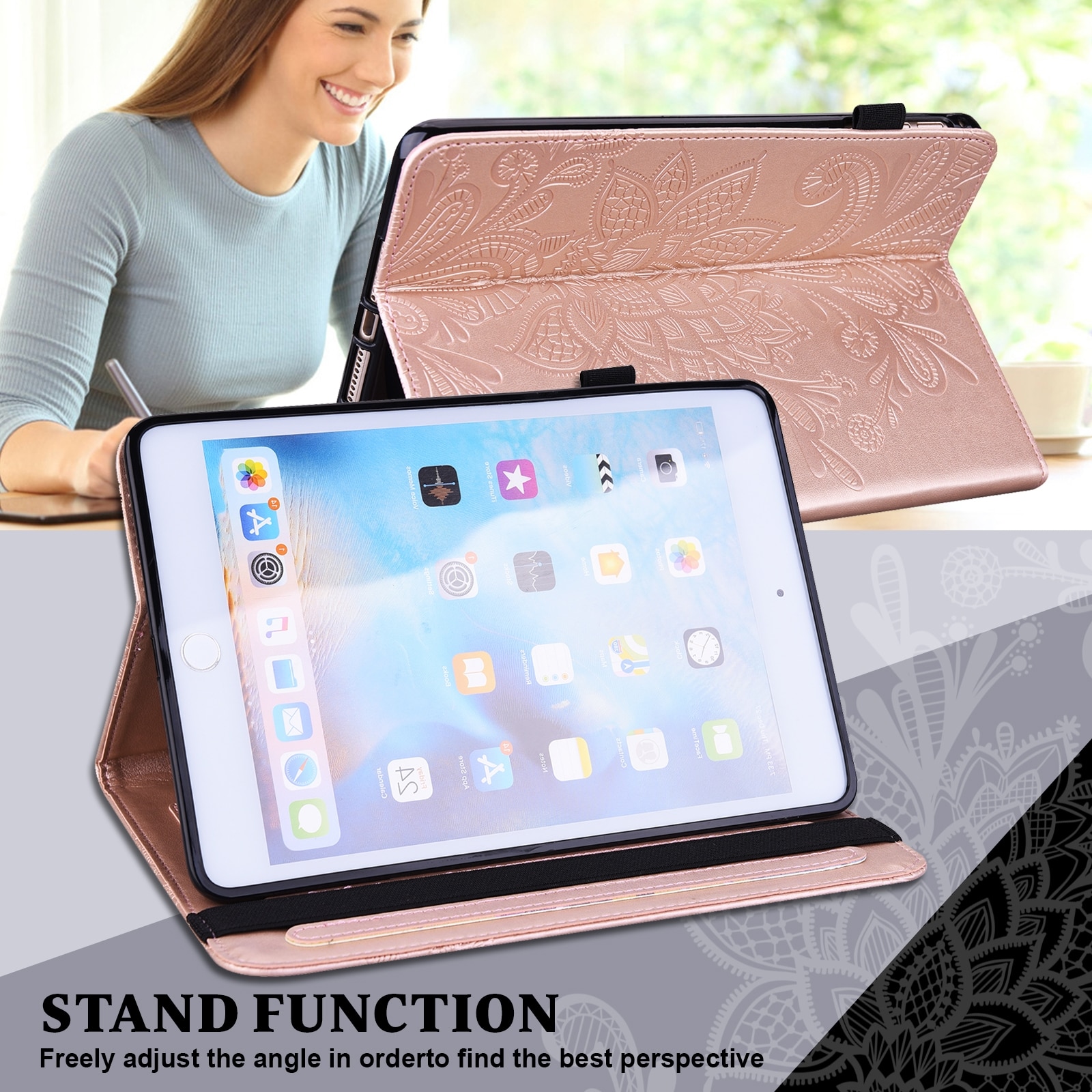 Husa tableta pentru Lenovo Tab M9, piele cu model floral embosat, tip carte, suport, inchidere magnetica, aurie