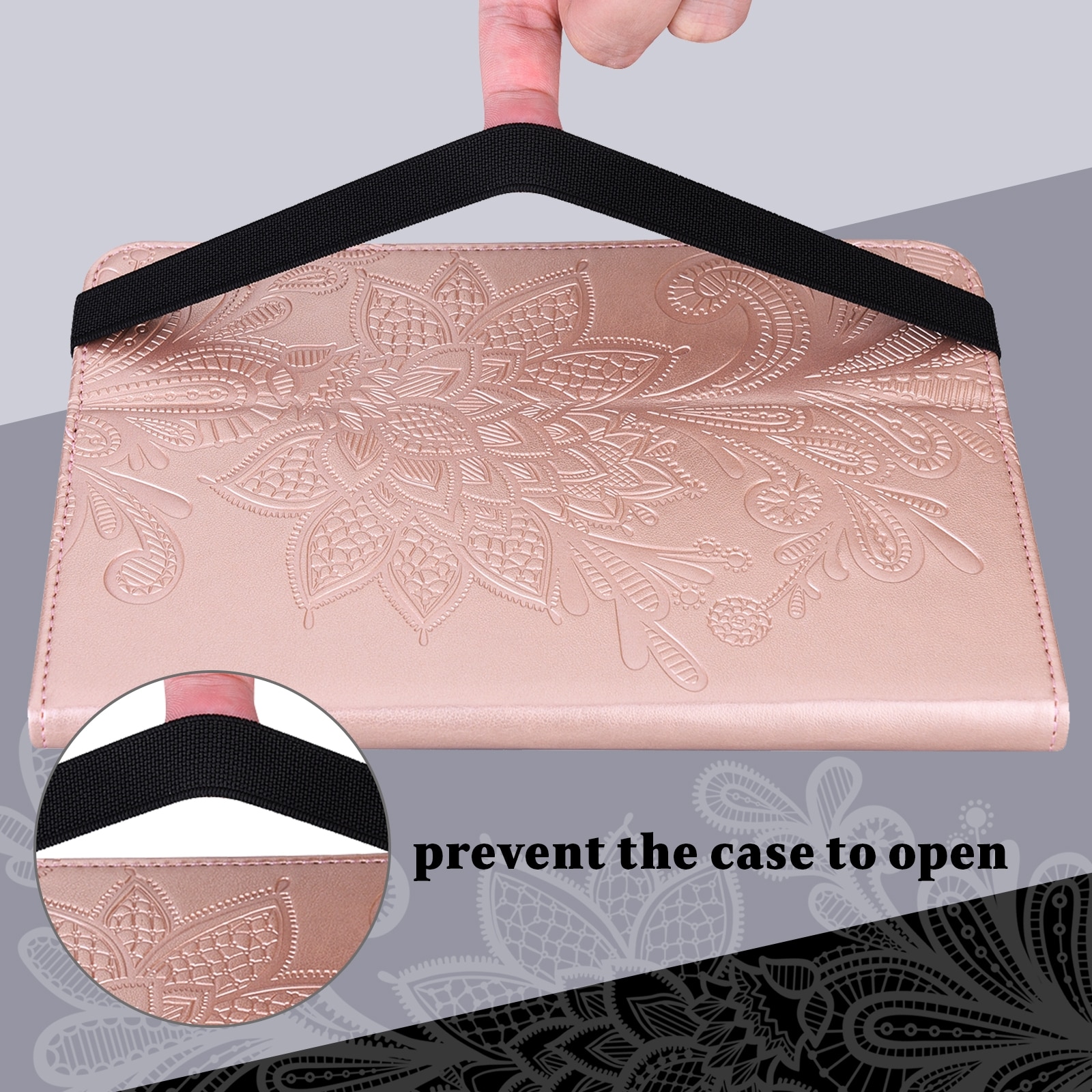 Husa tableta pentru Lenovo Tab M9, piele cu model floral embosat, tip carte, suport, inchidere magnetica, aurie