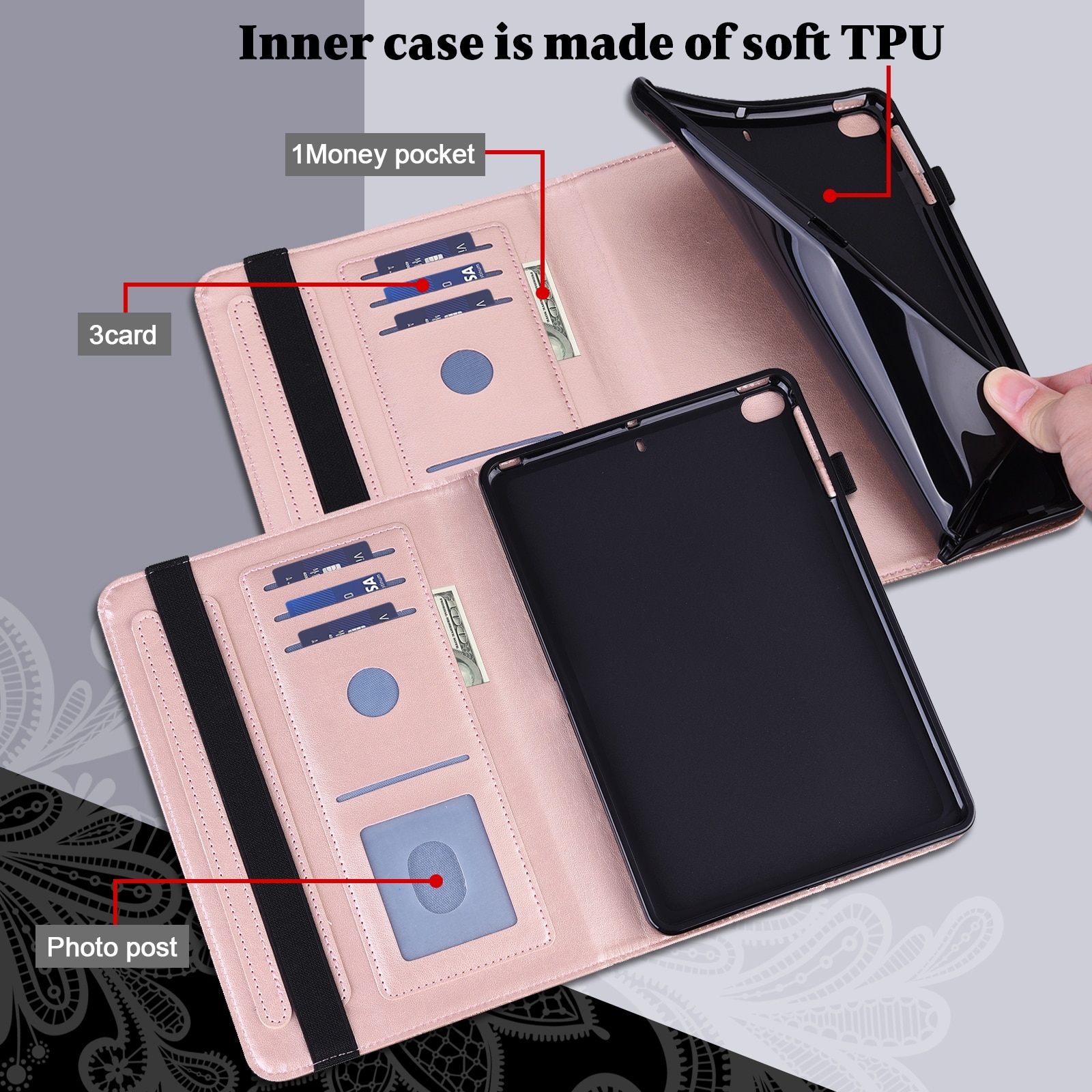 Husa tableta pentru Lenovo Tab M9, piele cu model floral embosat, tip carte, suport, inchidere magnetica, aurie