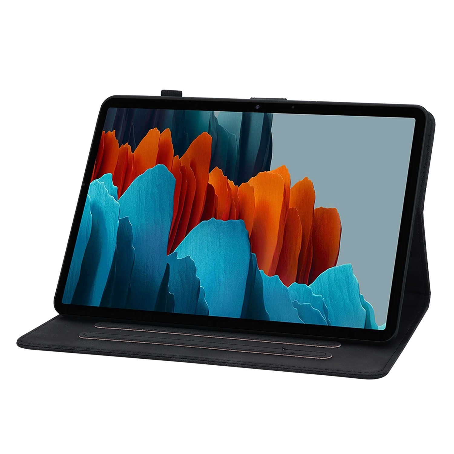 Husa tableta compatibila cu Samsung Galaxy Tab S7 FE/S8+/S7+, piele gravata cu motive florale, neagra