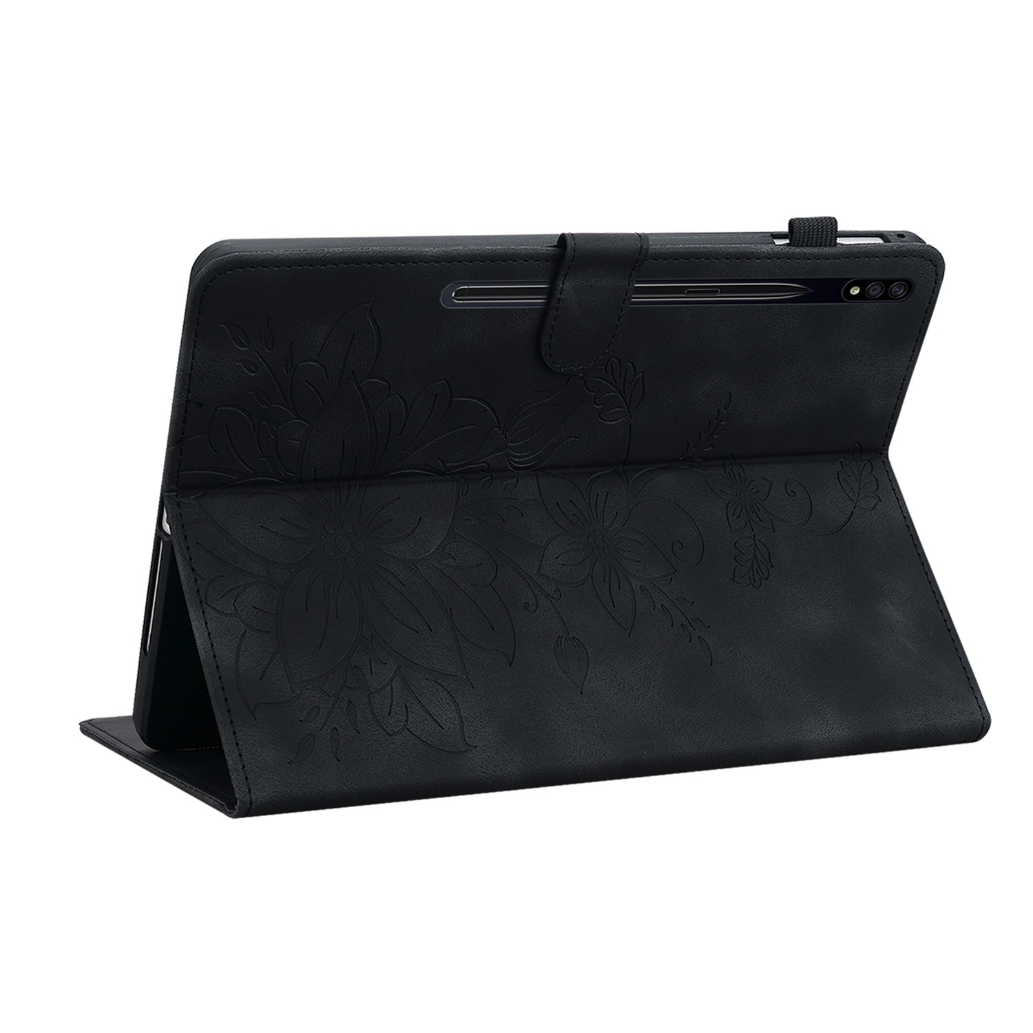 Husa tableta compatibila cu Samsung Galaxy Tab S7 FE/S8+/S7+, piele gravata cu motive florale, neagra